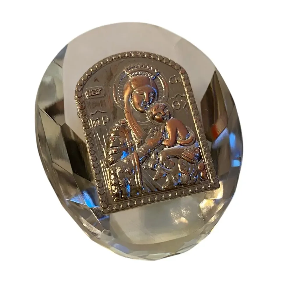 Self Standing Crystal Block with Virgin Mary and Baby Jesus Christ Mantle Decor